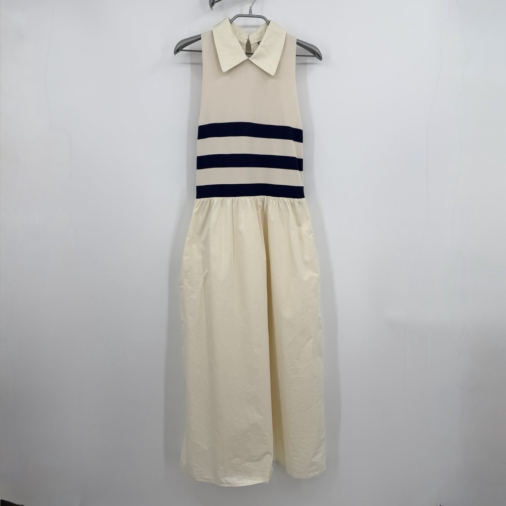 Tuckernuck Ivory Stripe Marina Dress size M Medium Collared Midi Nautical Prep *
